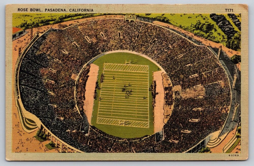 Vintage 1941 Rose Bowl Pasadena California Linen Postcard WWII Defense Stamp